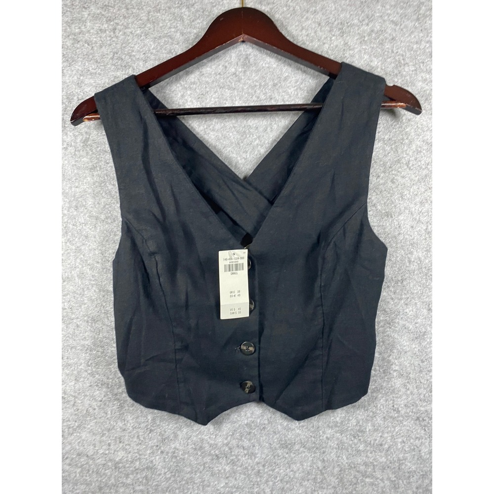 Abercrombie & Fitch Black LinenBlend Button Front Crisscross Back Vest Top Small - Picture 1 of 5
